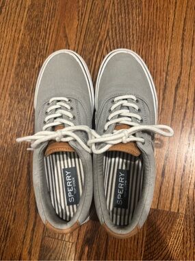 Sperry Grey Canvas Low-Top Boat Shoes with Tan Accents